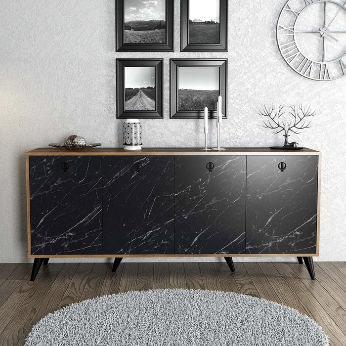 Hanah Home Consola Elite 1618, Mueble de Salón 180x80x45cm, Nogal y Mármol Negro, Diseño Bohemia y Antracita, Melamina 18mm